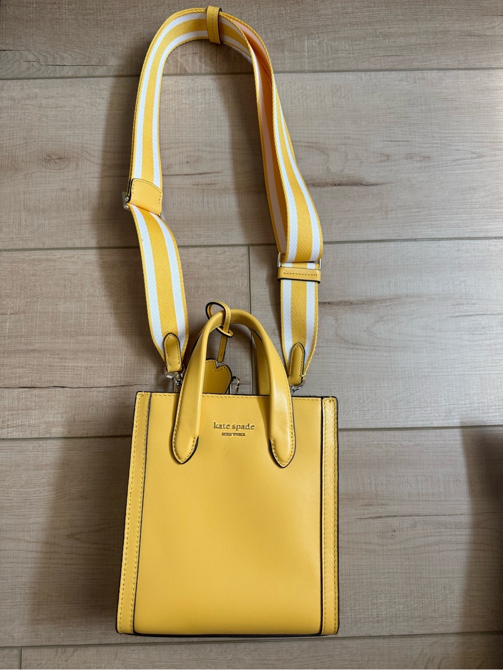 kate spade yellow leather mini tote with striped removable strap
